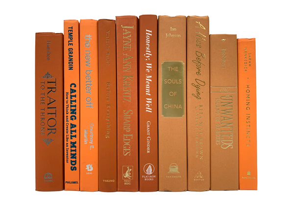 Orange  decorative books for home staging. Colorful decorator books by the foot.