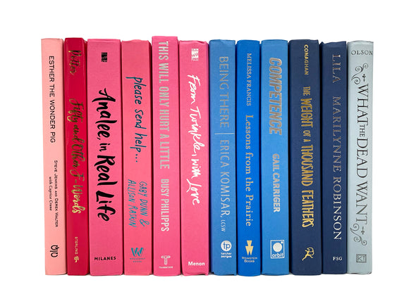 Pink and blue decorator books. Color-coded book stack by the shelf foot. 