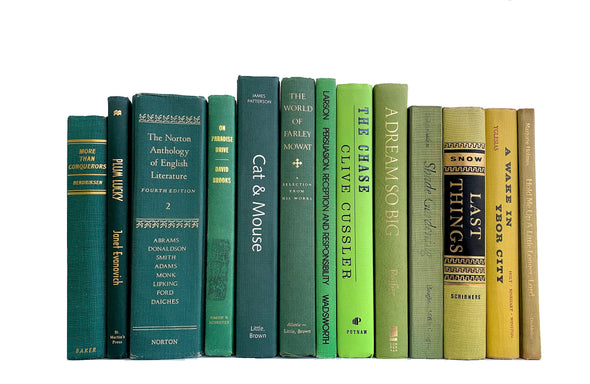 Emerald, chartreuse, jade, lime, forest, moss green decorator books. Color-coded book stack by the shelf foot.  Edit Your Home Decor.