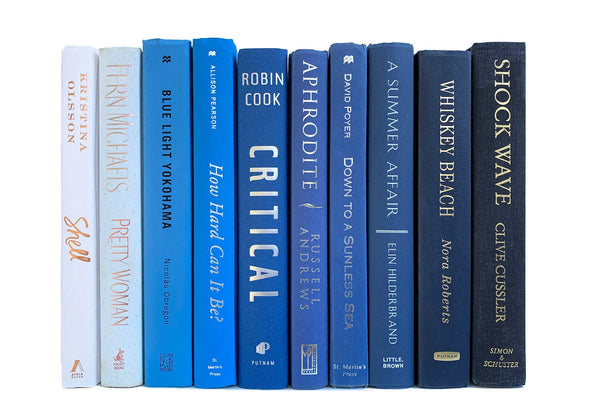 Blue decorative books for home staging. Colorful decorator books by the foot.