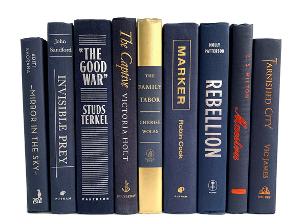 Navy blue decorative books for home staging. Colorful decorator books by the foot.